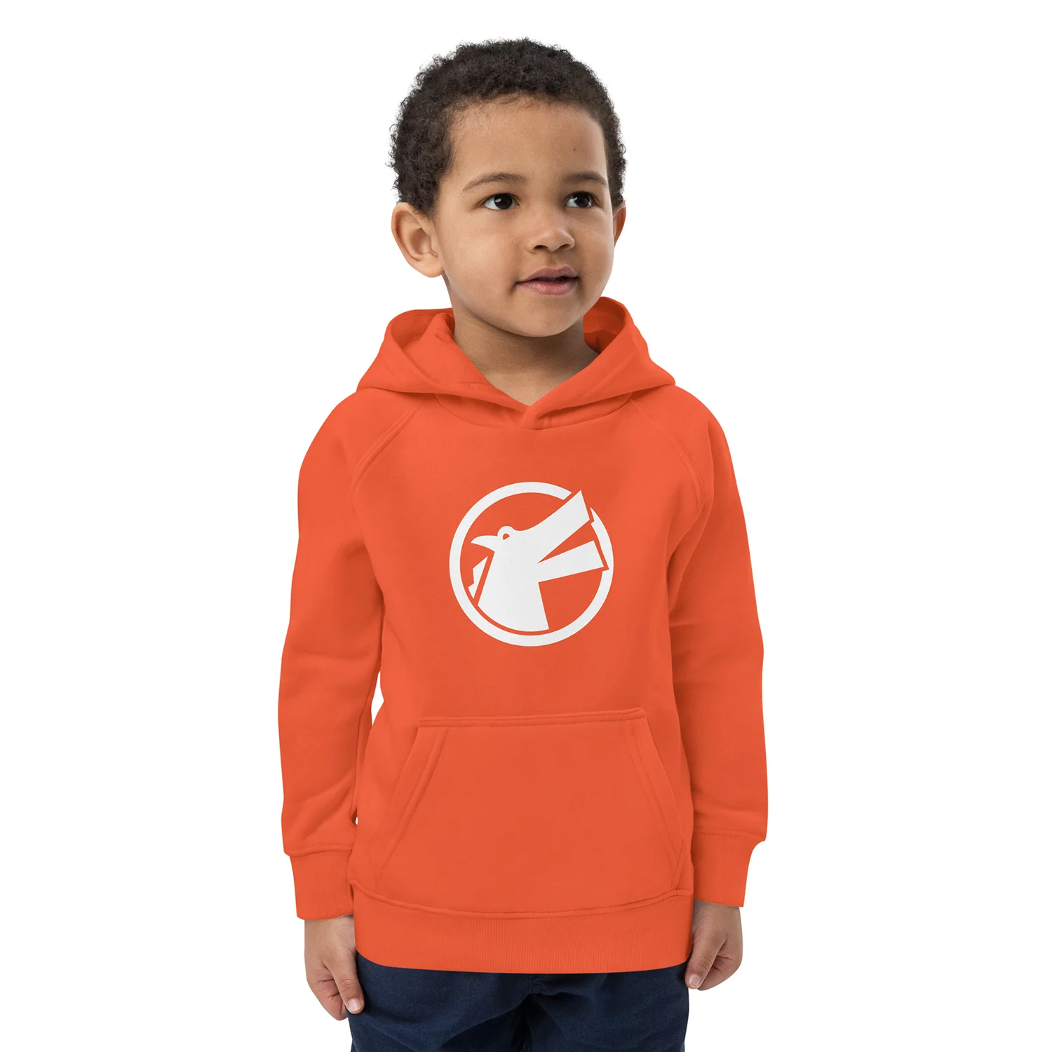 Young boy wearing an orange Contactzilla hoodie.