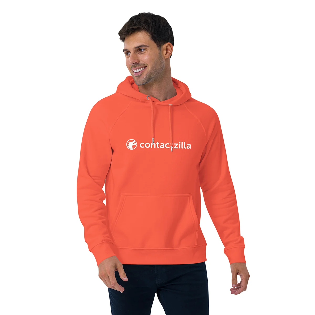 Man wearing a Contactzilla unisex eco hoodie.