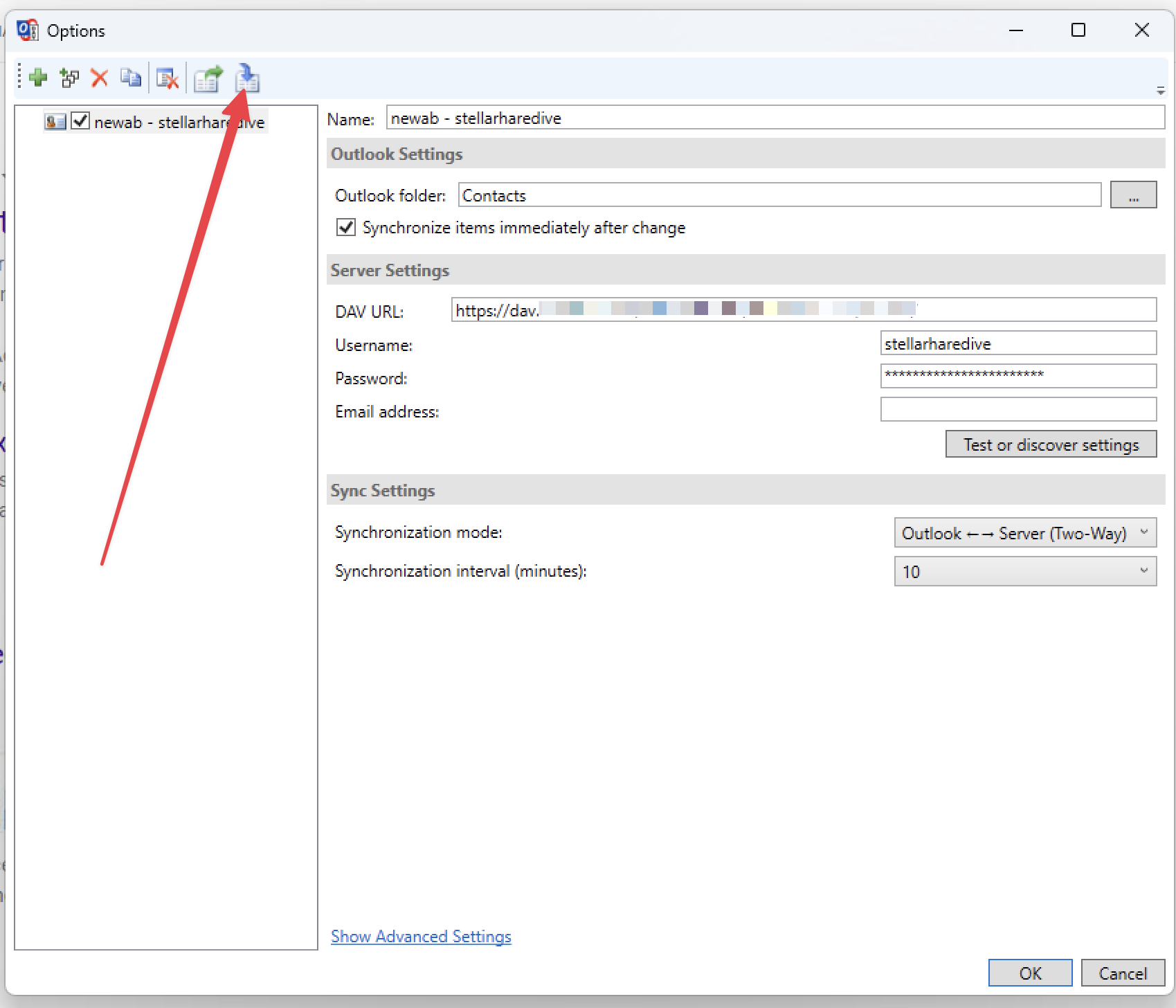 Importing the connection details into  CalDAV Synchornizer.