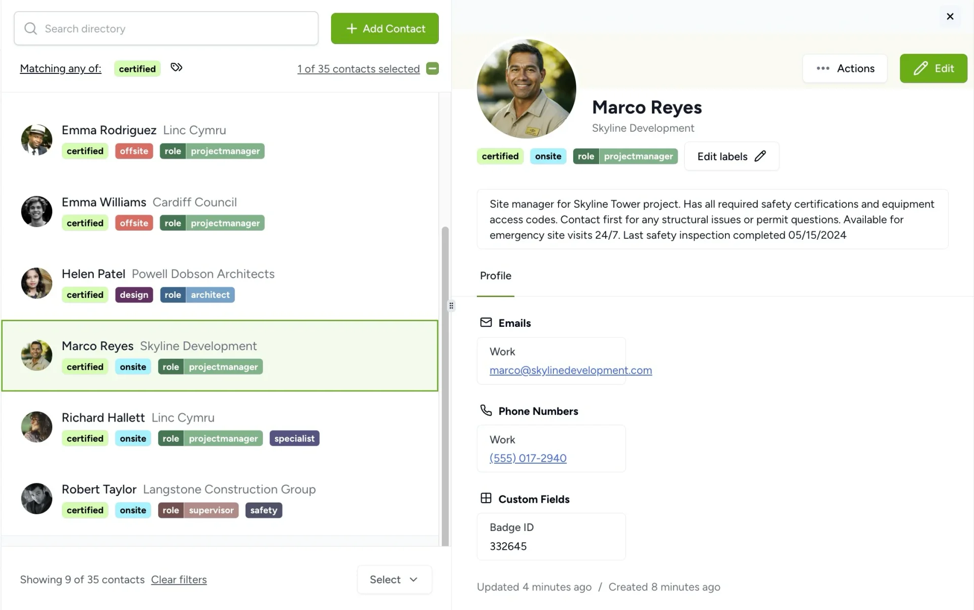 Screenshot displaying Contactzilla contact management interface with detailed contact profiles, custom labels, and search tools.
