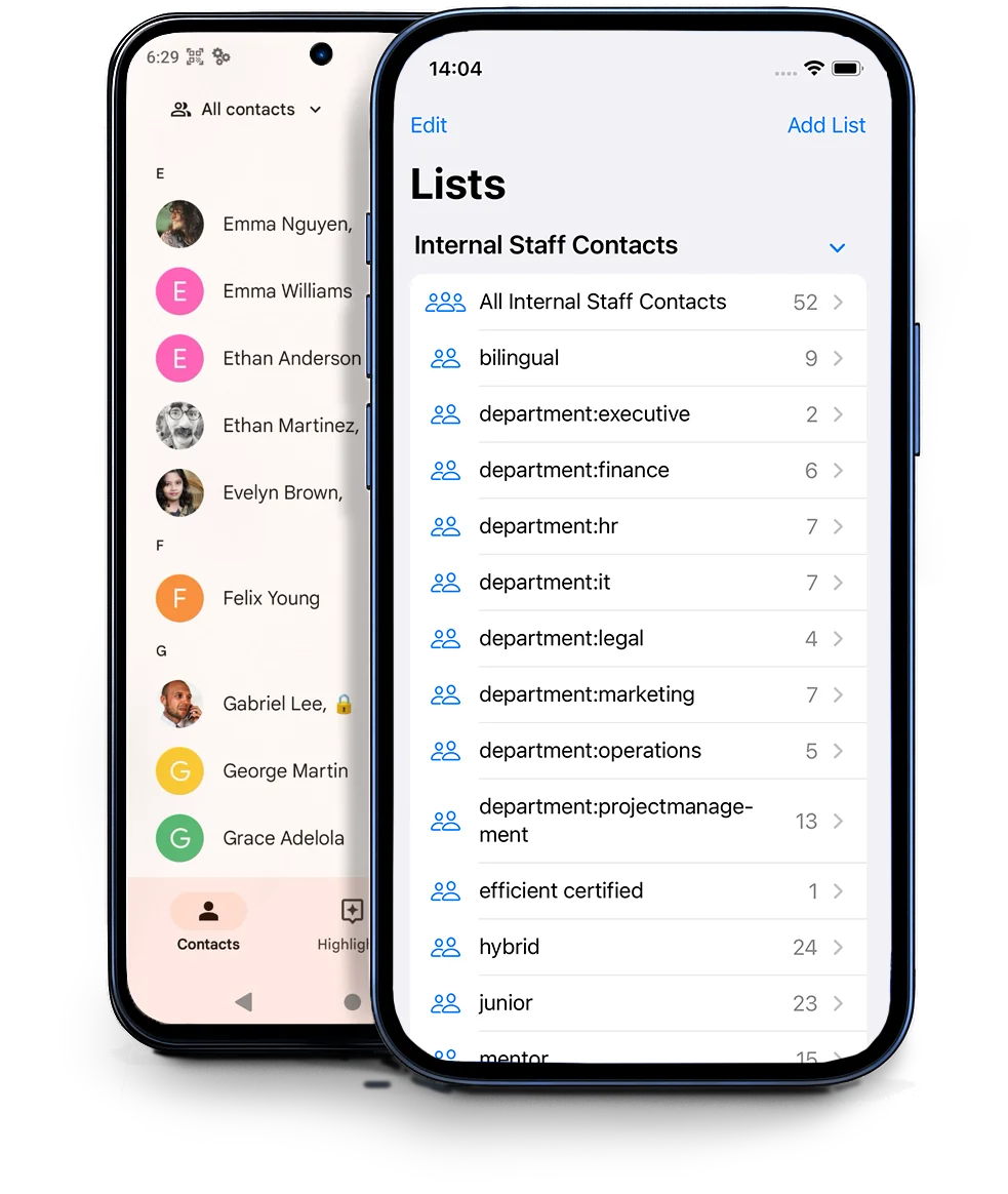 iOS and Android devices showing contact lists