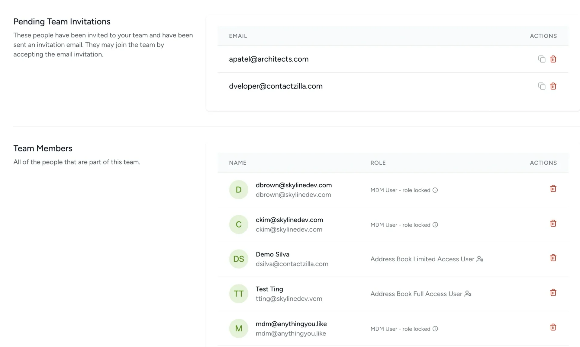 Contactzilla team management dashboard showing pending user invitations and active team members with email addresses, MDM roles, and access permissions. Includes options to manage user roles and remove team members.