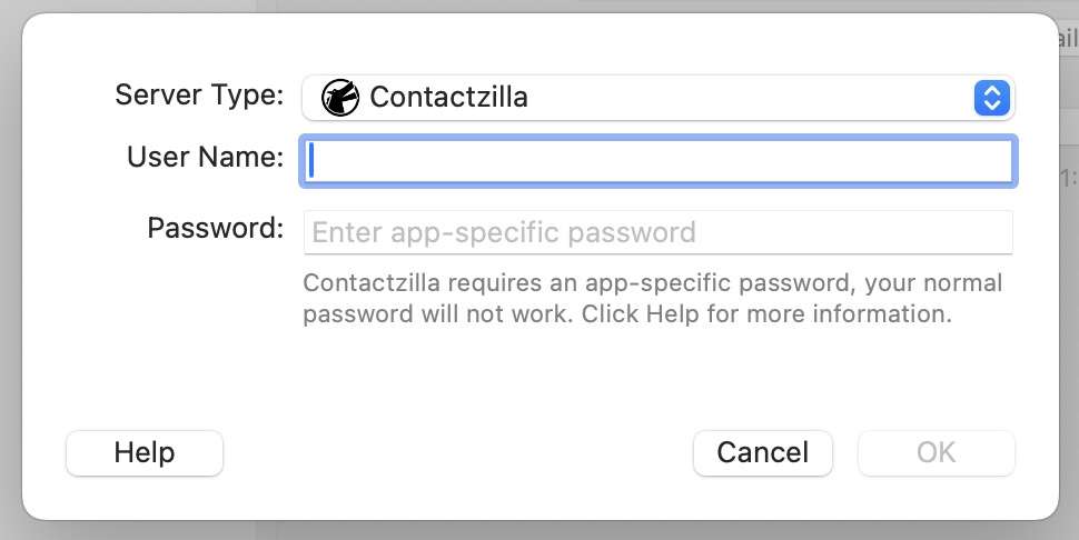 BusyContacts login dialog with ‘Server Type’ set to ContactZilla. The form includes fields for ‘User Name’ and ‘Password’ with a note explaining that an app-specific password is required. Buttons for ‘Help’, ‘Cancel’, and ‘OK’ appear along the bottom.