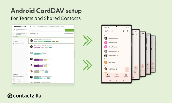 Screenshot of Contactzilla’s web dashboard showing tagged contacts and address book management on the left, with arrows pointing to Android devices on the right displaying the same contacts in the native Contacts app, illustrating seamless Android CardDAV sync.