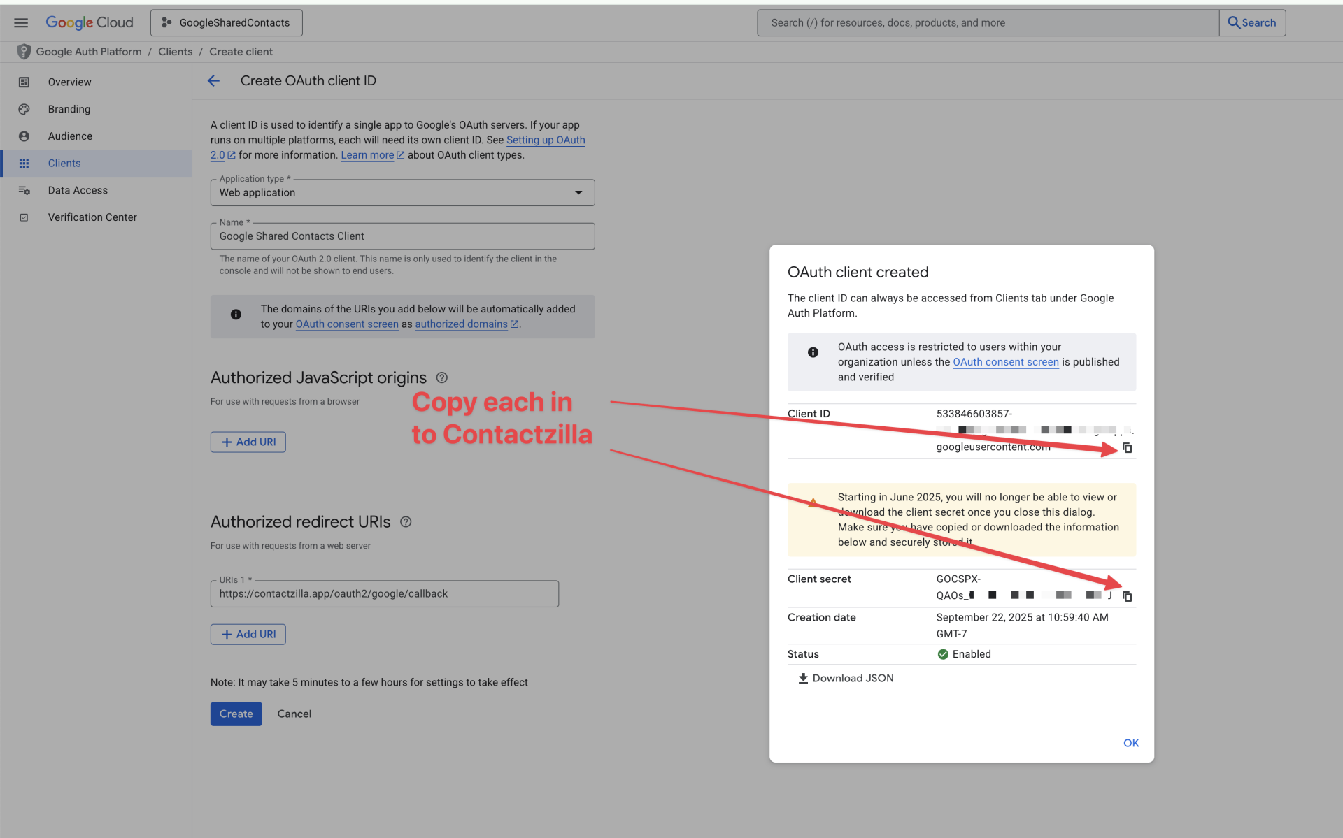 Google will give you a client id and secret, you will need to copy these over to Contactzilla